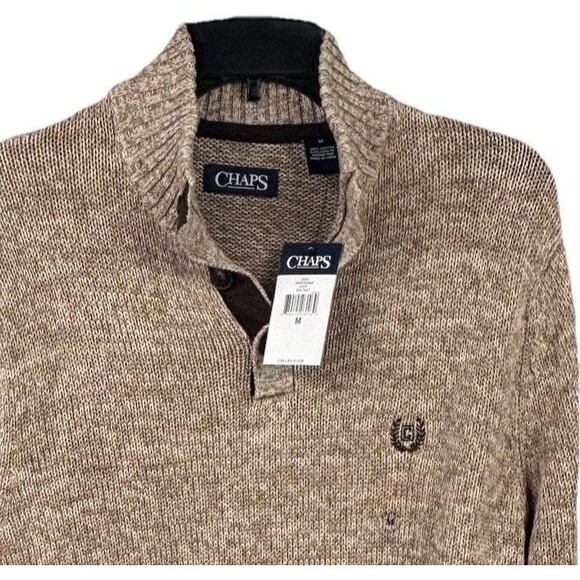 New Chaps Mens M Mockneck Sweater Medium Brown Tan Twist NWT Long Sleeve Button - Picture 2 of 9